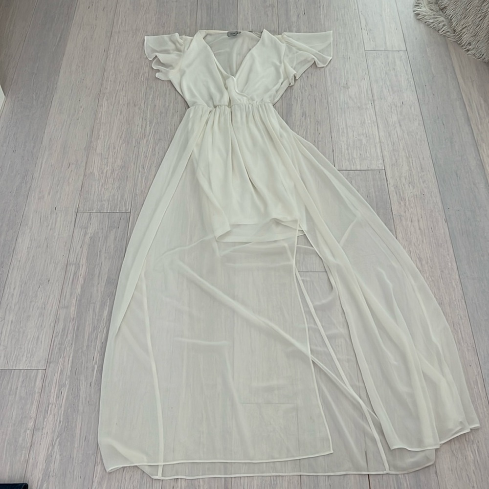 ASOS Ivory Flutter Sleeve Open Back Sheer Maxi Dress Gown S